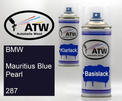 BMW, Mauritius Blue Pearl, 287: 400ml Sprühdose + 400ml Klarlack - Set, von ATW Autoteile West.